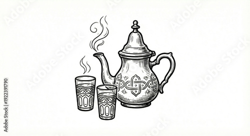 Hand drawn black and white teapot and tea glasses icon for Eid guests