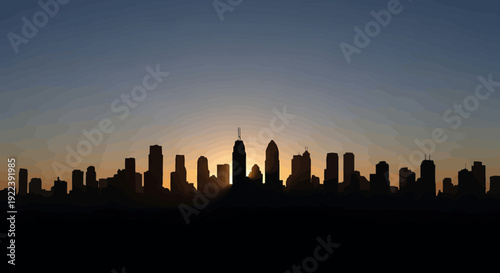 Urban skyline silhouette at sunset, creating a dramatic and awe-inspiring city view as the sun dips below the horizon