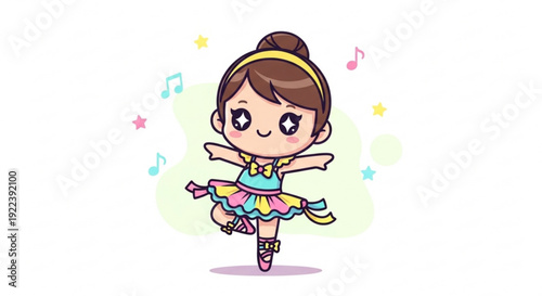 Little girl wearing ballet shoes dancing happily with colorful musical notes around her in a whimsical setting