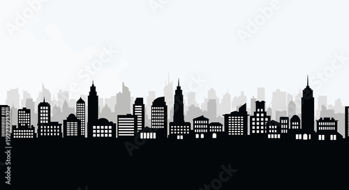 A striking monochromatic silhouette depicting a modern metropolitan city skyline with diverse architectural buildings against a clean white background, ideal for urban design projects and concepts
