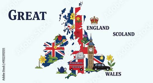 A stylized illustration of the British Isles map, adorned with iconic landmarks and national symbols, celebrating the cultural heritage and distinctive charm of the island nation
