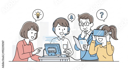 Four diverse colleagues brainstorming with virtual reality headset and computer teamwork and innovation concept