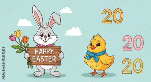 Easter bunny and chick holding happy easter sign with flowers on light blue background with clouds and 2020 numbers