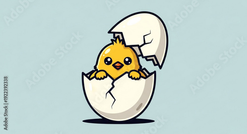 Cute yellow chick hatching from cracked eggshell on light blue background symbolizing new life and beginnings