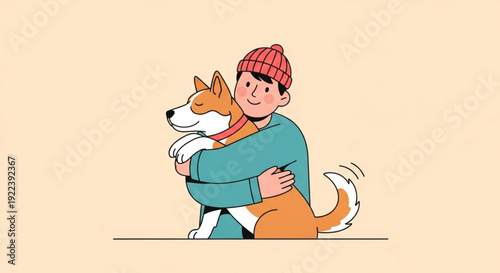 A man in a red hat and green sweater hugs a brown and white dog warmly on a beige background