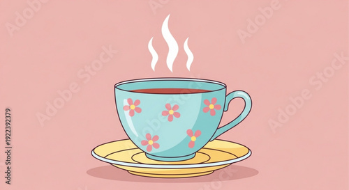 Steaming hot cup of tea on a saucer with floral design on pink background