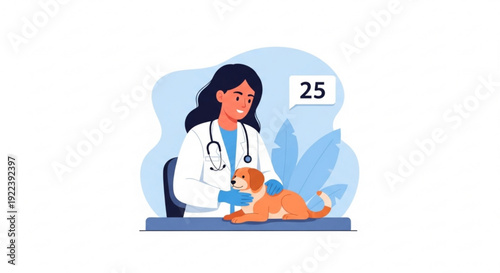 Veterinarian examines adorable orange puppy on table in clinic smiling with stethoscope around neck