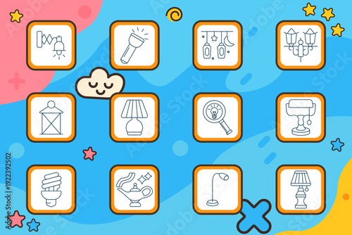 Lighting lamp set icon. Flashlight, hanging lanterns, chandelier, table lamp, magnifier with bulb, desk lamp, spiral bulb, magic lamp outline style.