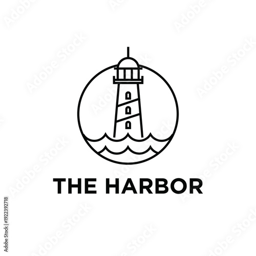 Minimalist Line Art Lighthouse Logo Icon with Waves and "The Harbor" Text