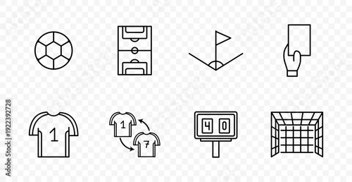 Football set icon. Ball, field, corner flag, referee card, jersey, substitution, scoreboard, goal net, match, competition, tournament, teamwork