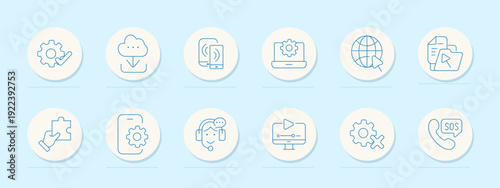 Technology service interface set icon. Minimal line badges, gear check, cloud download, devices sync, laptop settings, globe cursor, folder play, puzzle hand, smartphone gear, headset support