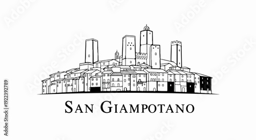Stylized line drawing of an Italian hill town with multiple towers and buildings