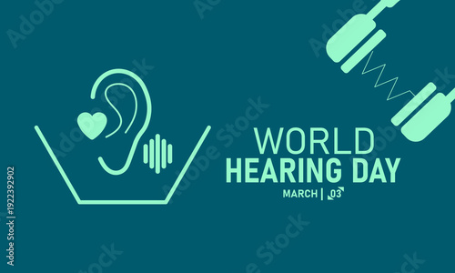 World Hearing Day, March 3 Vector, Ear Hearing Aid, Blue Ribbon Awareness Poster, Flat Design Audiology Deafness Prevention Banner Illustration Stock Graphic