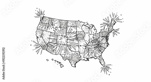 Stylized map of the United States filled with exploding fireworks