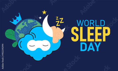 World Sleep Day, March 13 Vector, Pillow Bed Moon, Blue Ribbon Awareness Poster, Flat Design Insomnia Sleep Health Prevention Banner Illustration Stock Graphic