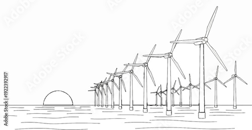 Stylized offshore wind farm at sunrise with a semi-circular sun over wavy water