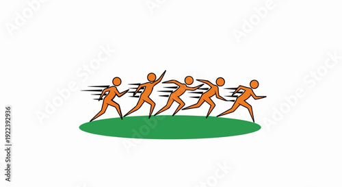 Stylized orange figures race forward on a green oval shape