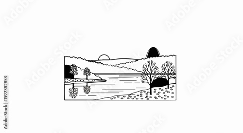 Stylized minimalist landscape with a reflective lake, bare trees, and rolling hills