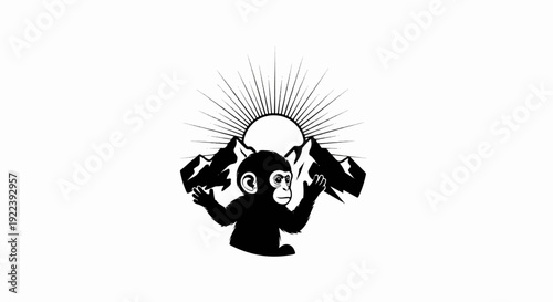 Stylized monkey with raised arms in front of sun and mountains
