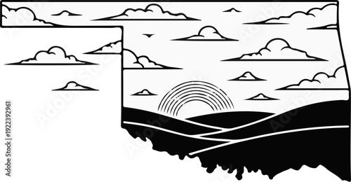 Stylized outline map depicting a sunset over rolling hills and clouds