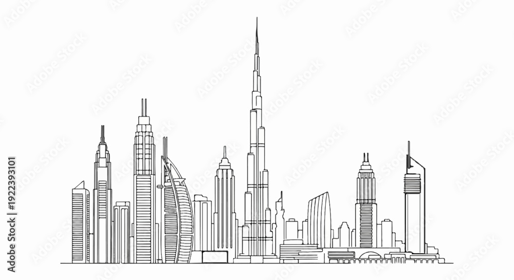 Obraz premium Stylized outline of a modern city skyline with prominent skyscrapers and unique architecture
