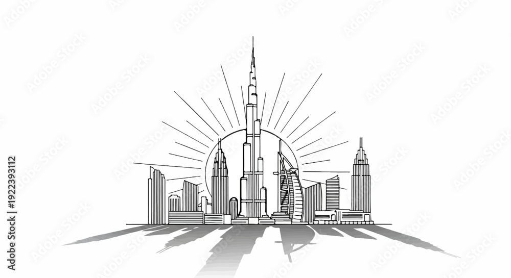 Obraz premium Stylized outline of a modern city skyline with sunburst behind