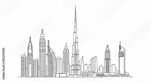 Stylized outline of a modern city skyline with prominent skyscrapers and unique architecture