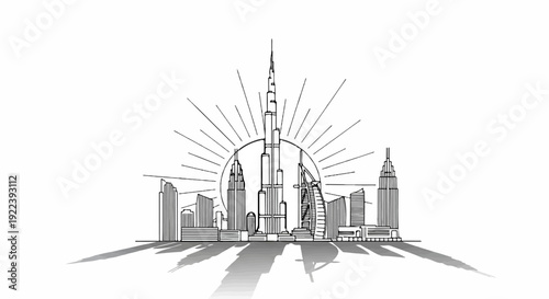 Stylized outline of a modern city skyline with sunburst behind