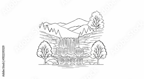 Stylized outline of a multi-tiered waterfall cascading down rocky ledges, with trees and mountains