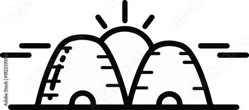 Stylized mountain peaks with a radiant sun and motion lines