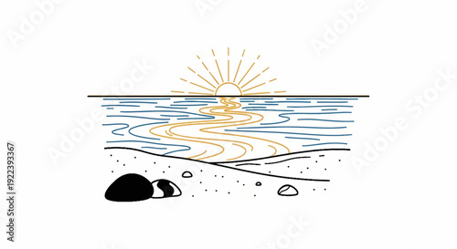 Stylized sunset over ocean, reflecting on water, with beach and rocks