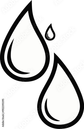 Stylized outline of three water droplets in varying sizes, falling