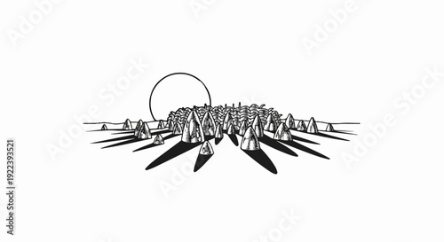 Stylized sun behind a dense forest of conical trees casting long shadows