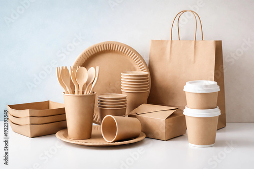 Eco friendly kraft paper takeaway packaging and tableware arranged on white table with soft blue background. Sustainable disposable cups, plates, trays and bag, minimalist concept.