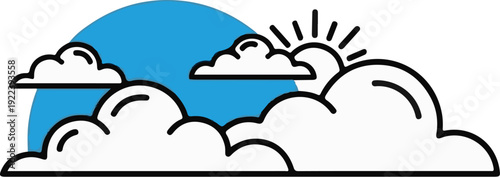 Stylized sun partially hidden by clouds and a blue circle