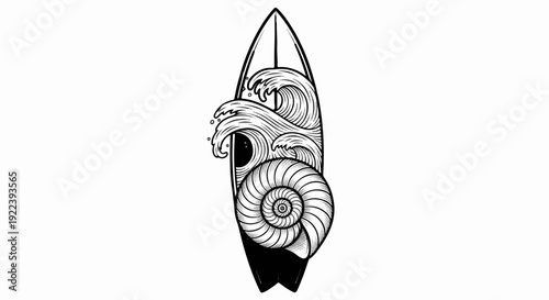 Stylized surfboard with waves and a nautilus shell