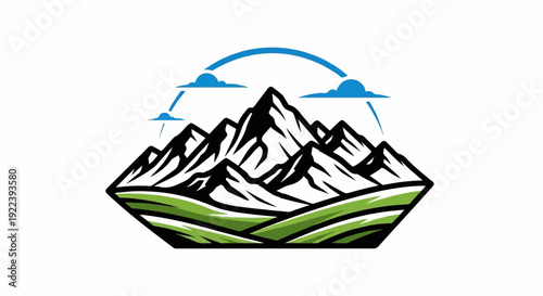 Stylized mountain range with rolling hills and clouds under a blue arc