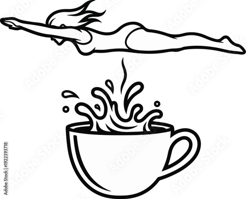 Swimmer dives into a splashing cup of coffee