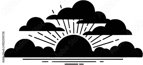 Stylized sun rising behind dark clouds with radiating lines
