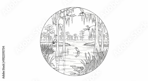Swamp scene with birds perched on cypress trees, standing in water, and lily pads