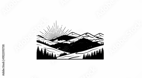Stylized mountainous landscape with rising sun and evergreen trees