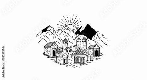 Stylized mountain village with stone buildings under a radiant sun