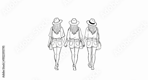 Three friends in summer attire, holding hands and walking away