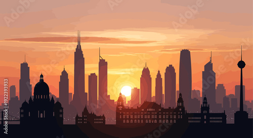 Beautiful sunset over a city skyline featuring diverse skyscrapers and architectural styles, evoking a sense of urban grandeur and serene beauty