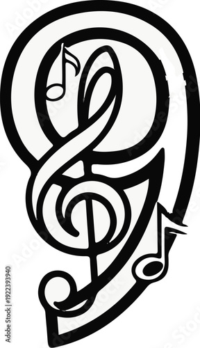Stylized musical notes and treble clef form a decorative numeral nine