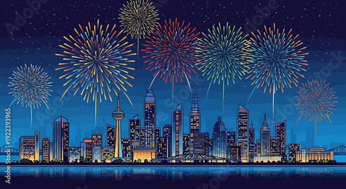 Vibrant fireworks illuminate a dazzling cityscape at night, creating a festive and celebratory atmosphere