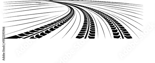 Stylized tire tracks curve away on a white background with fading lines