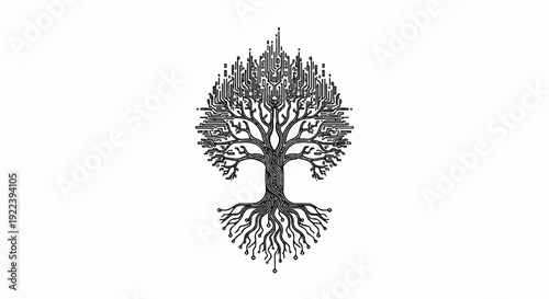 Stylized tree illustration composed of circuit board elements and digital code