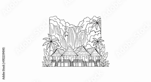 Tropical bungalows nestled below a cascading waterfall amidst lush foliage