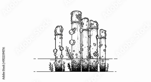 Stylized pipes with organic growths and aquatic plants